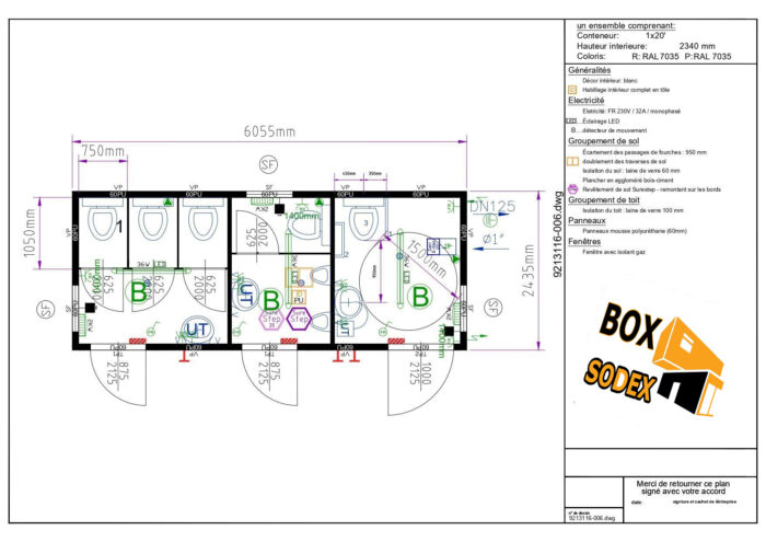 BATIMODULE 20′ Sanitaire (4 WC-1 WC PMR-2 URINOIRS-3 LAVABOS) – Image 2